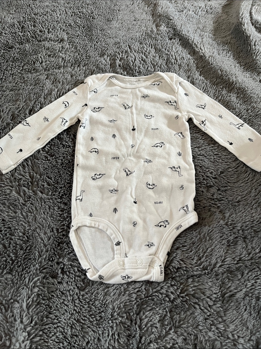 White Long-Sleeve Dino Print One-Piece Bodysuit for Kids